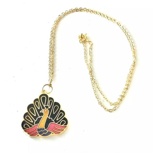Vintage Cloisonné Peacock Pendant Necklace Enamel Gold Plated Purple Pink Black - Picture 9 of 11